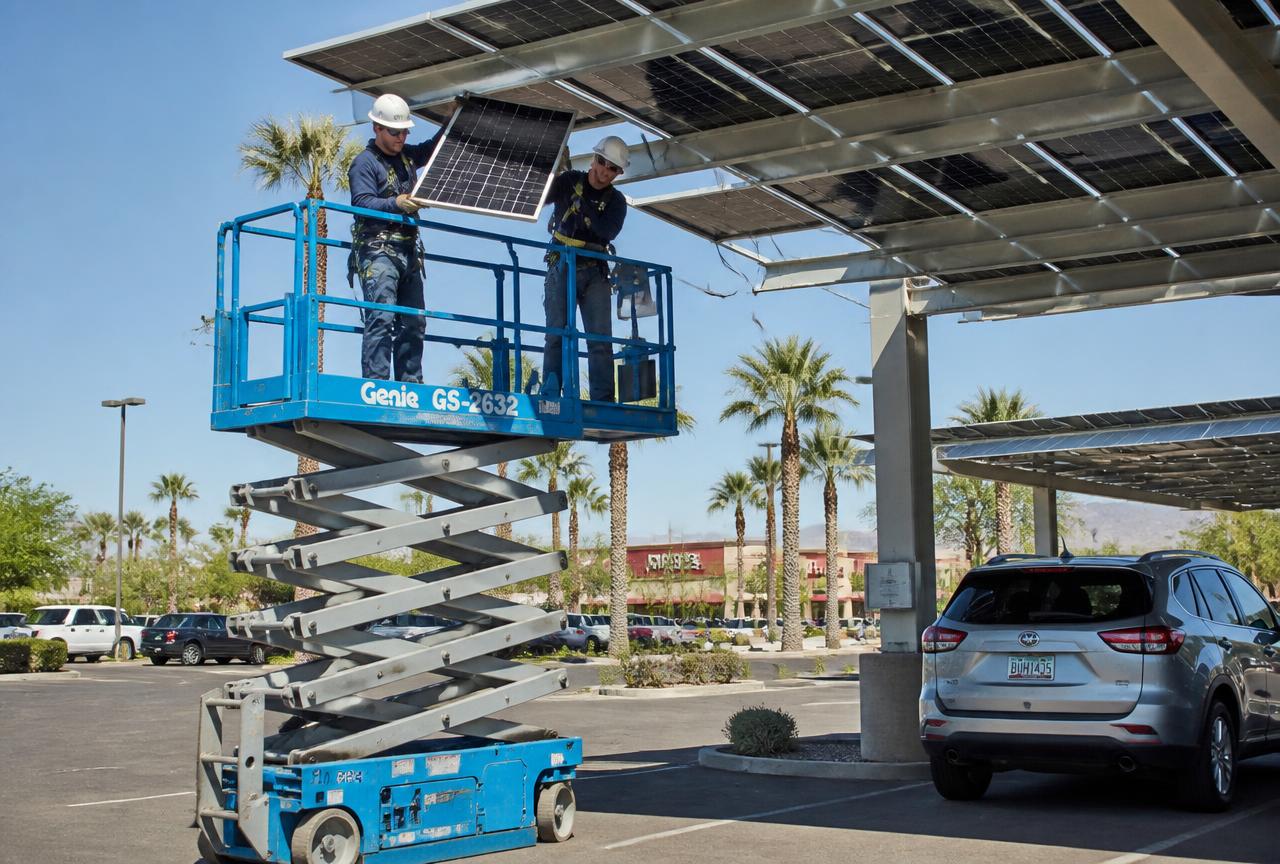 Solar carport array over a commercial parking lot in Miami, Florida with a lift removing panels