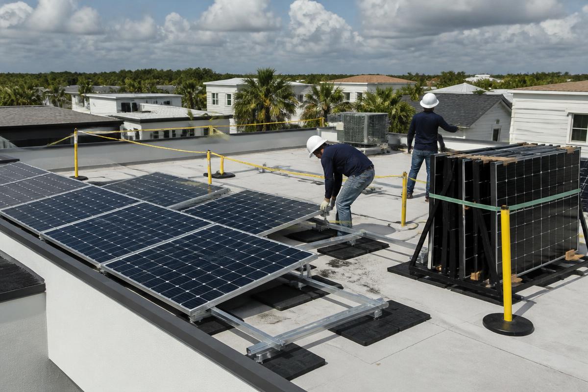 Solar array on a flat low-slope roof section of an Orlando home