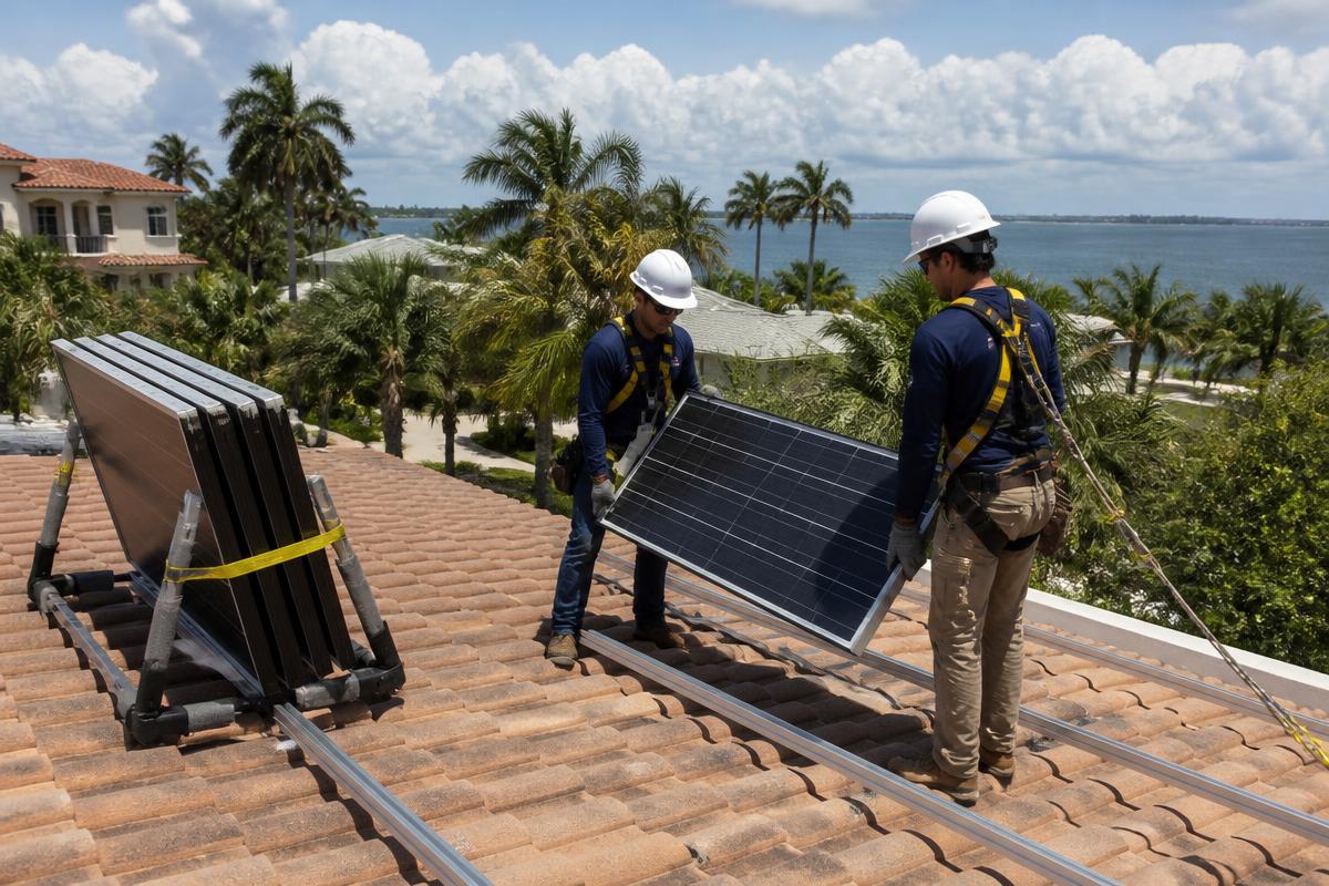 Crew removing solar panels from a barrel tile roof on a South Tampa home