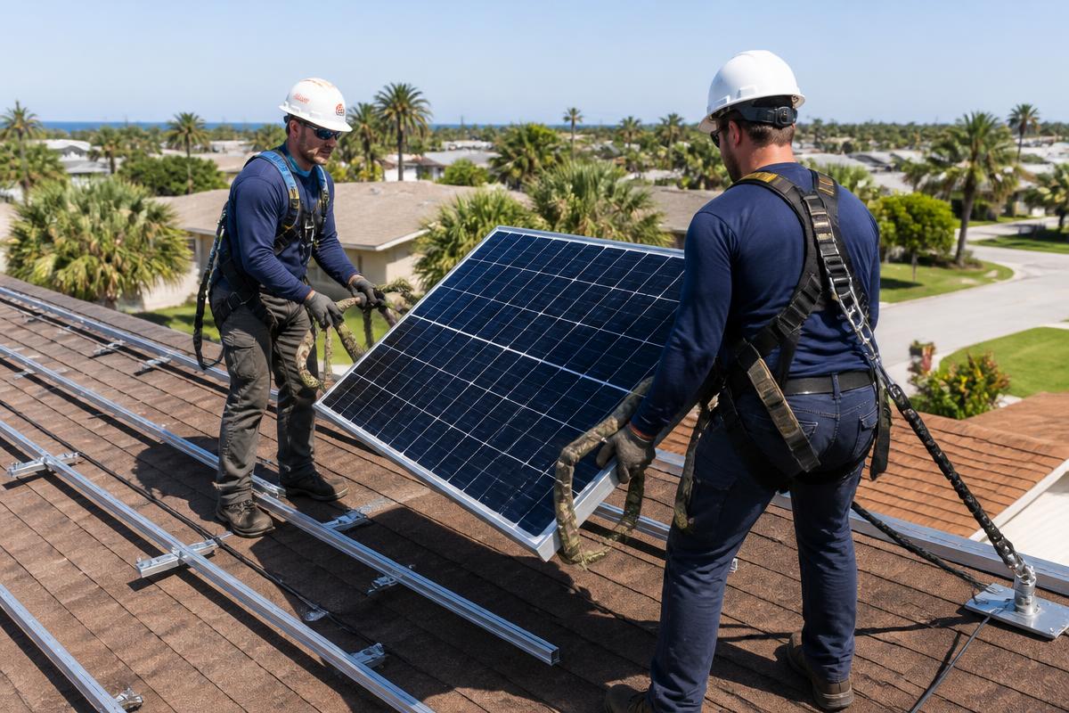Two harnessed Florida Solar Reset technicians lifting a solar panel by its frame off the racking of a Tampa shingle roof before a re-roof