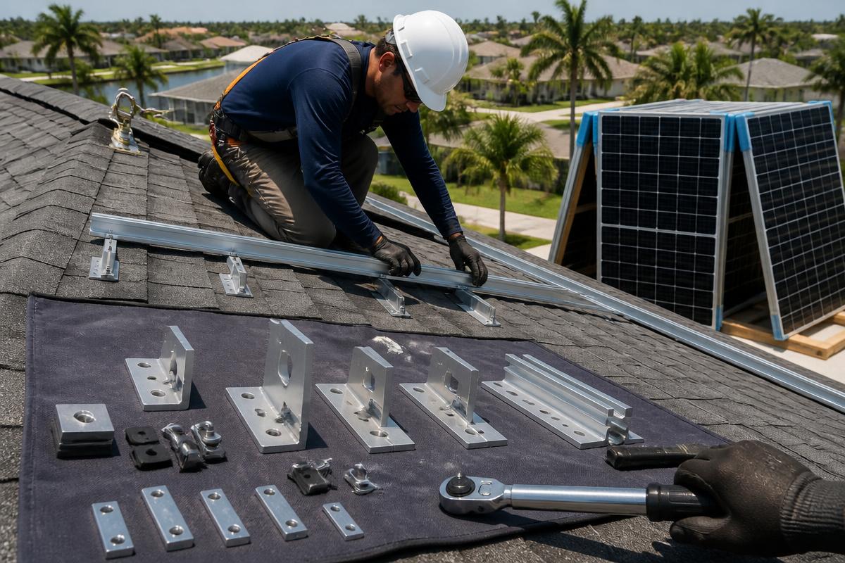 Two technicians labeling and coiling solar wiring on a tile rooftop in Fort Myers, Florida