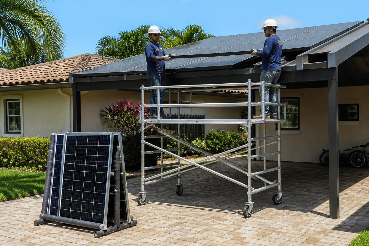 Technicians working from a scaffold under a solar carport canopy over a Miami, Florida parking lot