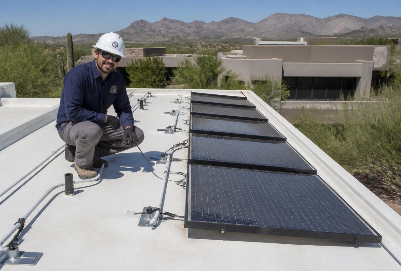 Solar array on a flat low-slope roof section of an Orlando home