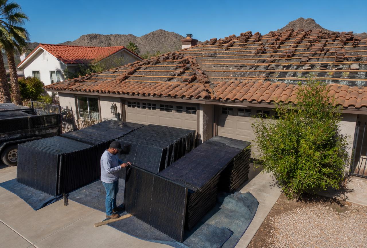 Concrete tile re-roof in progress in Sarasota, Florida with solar panels stacked and wrapped in the driveway