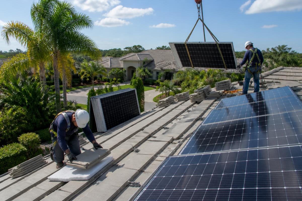 Concrete tile re-roof in progress in Sarasota, Florida with solar panels stacked and wrapped in the driveway
