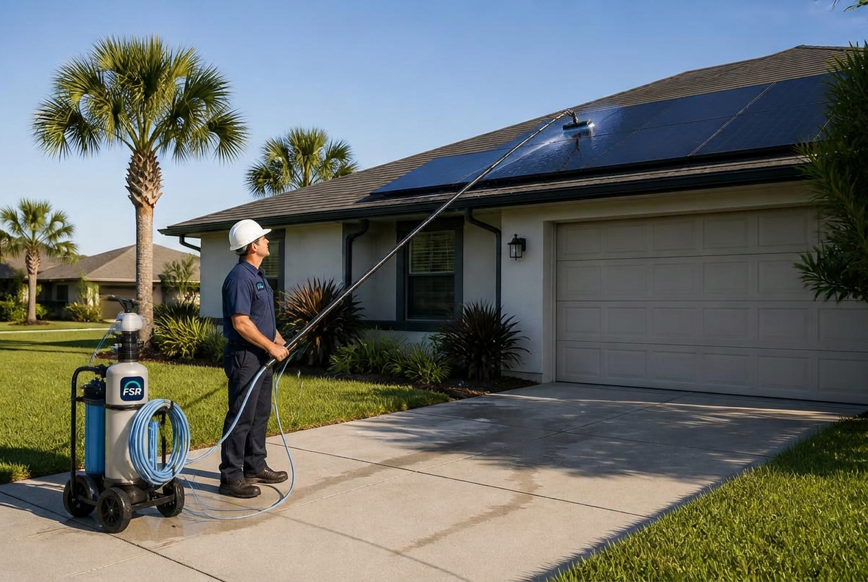 Technician cleaning a rooftop solar array from the ground with a carbon-fiber water-fed pole fed by a wheeled filtered water cart at a Florida home
