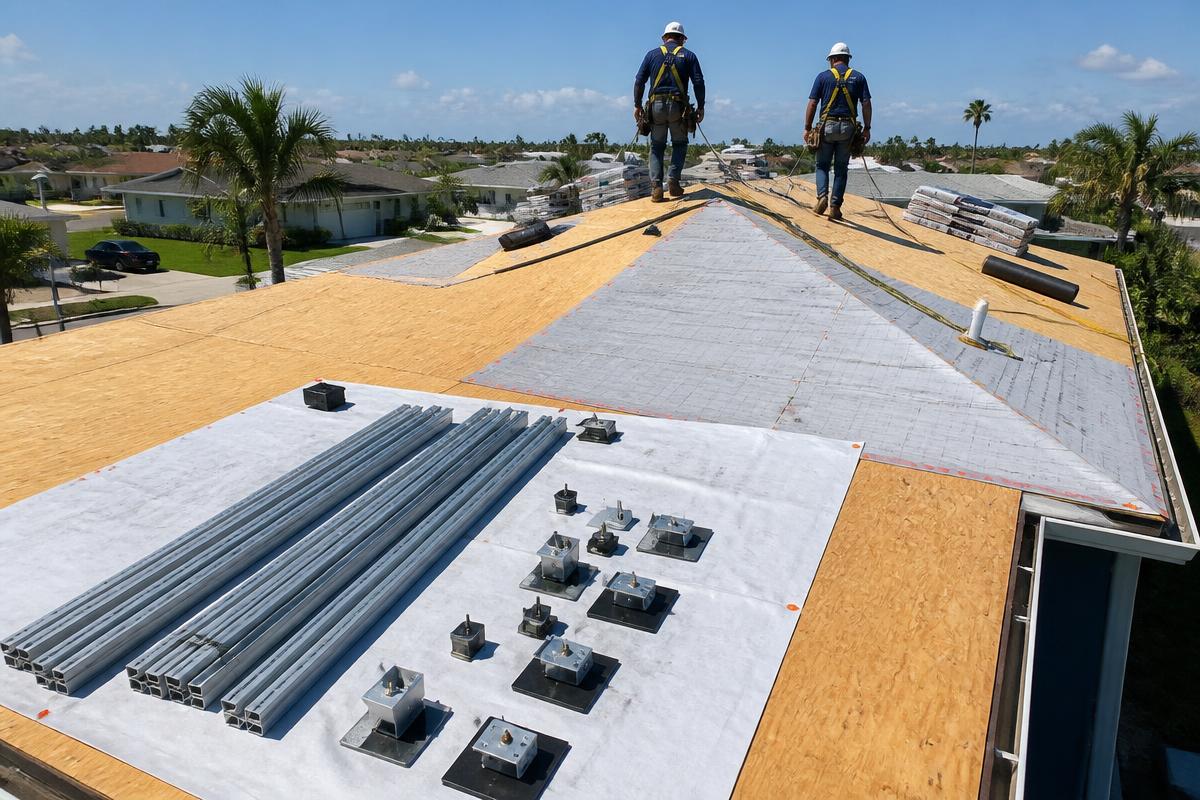Florida home with the roof deck stripped to bare plywood and underlayment while the removed solar rails and panels wait staged beside the house