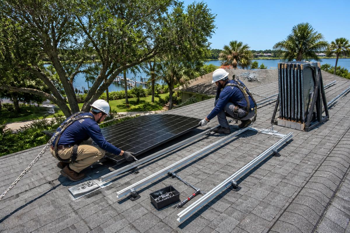 Technician reinstalling solar panels on a newly shingled roof in St. Petersburg, Florida