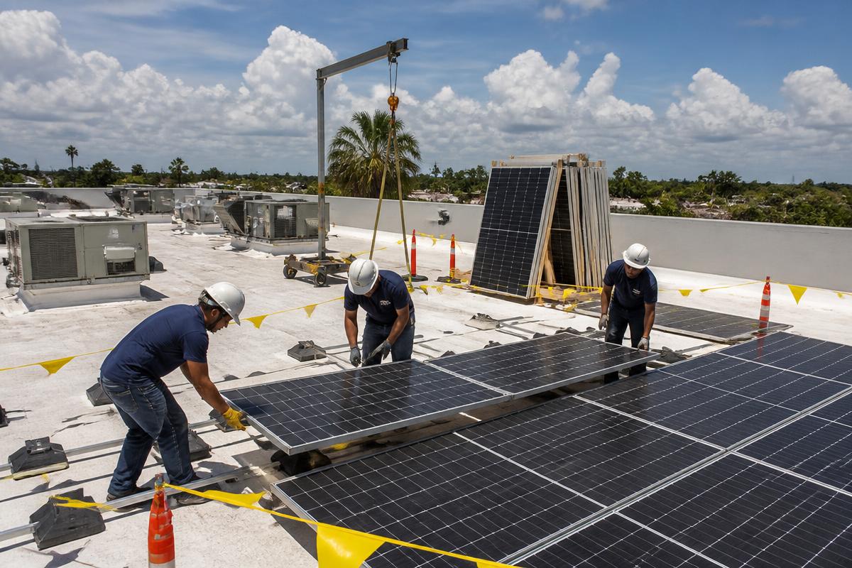 Crew removing rows of solar panels from a large commercial TPO flat roof in Jacksonville, Florida