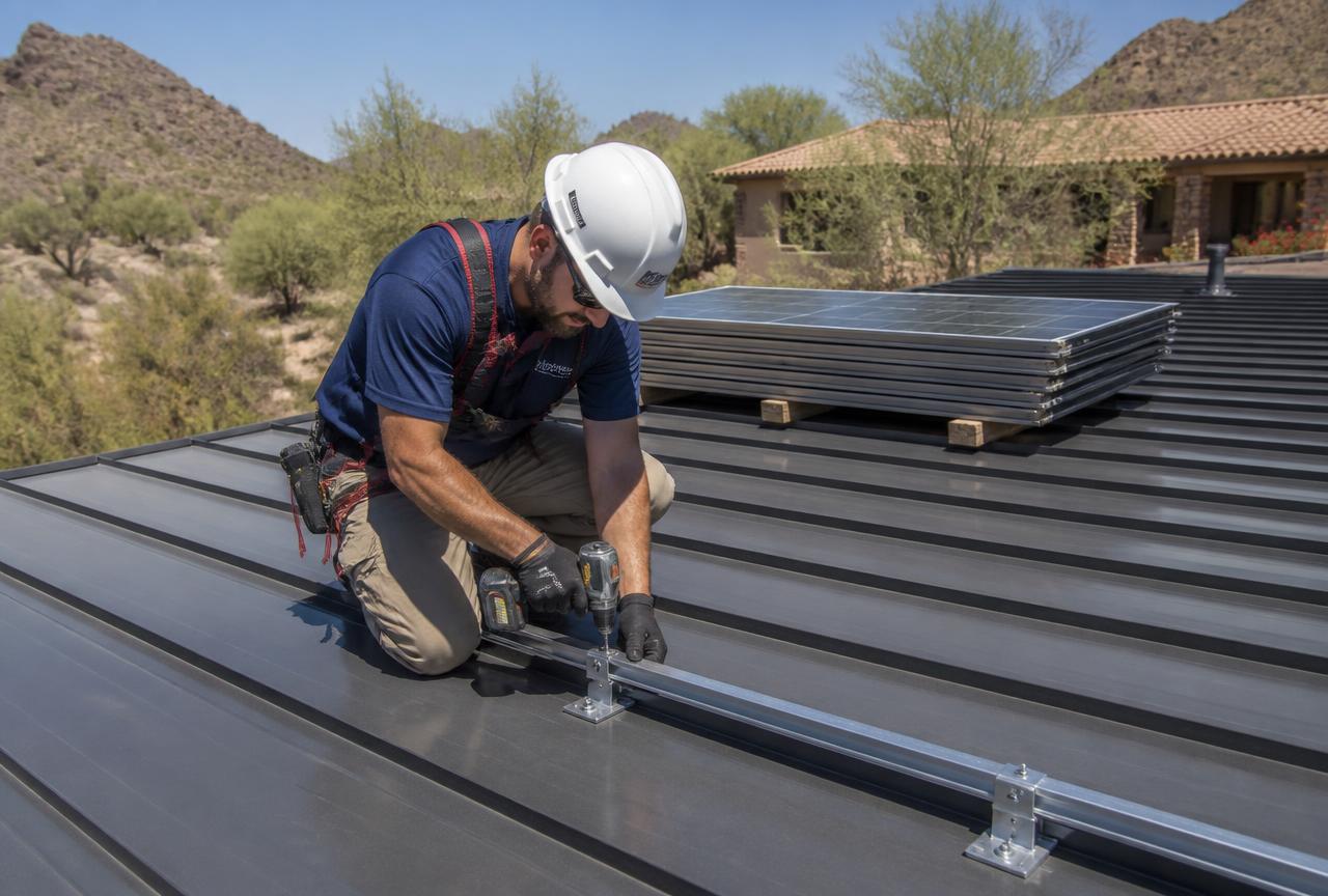 Two technicians labeling and coiling solar wiring on a tile rooftop in Fort Myers, Florida