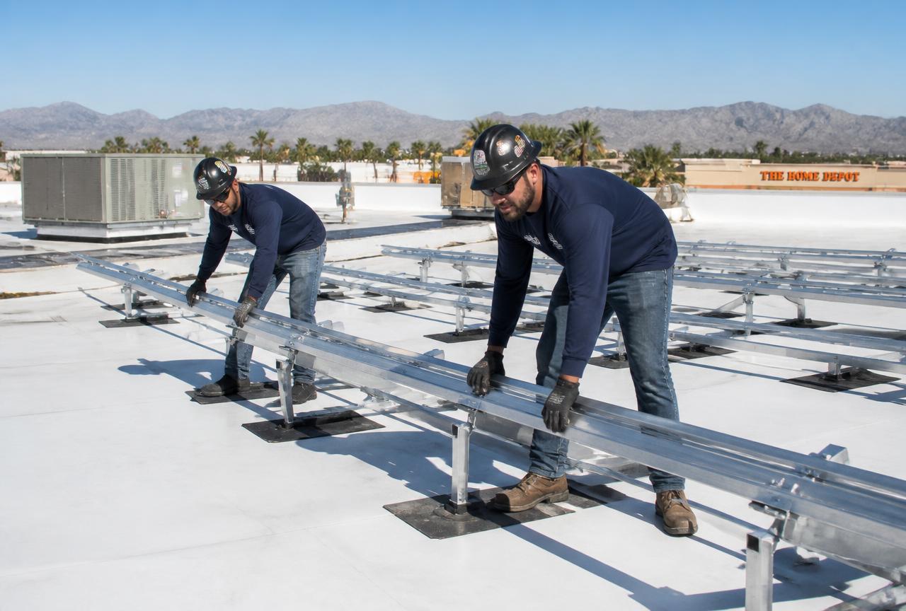 Crew member torquing rail bolts on solar panels being reset on a new white TPO roof in West Palm Beach, Florida