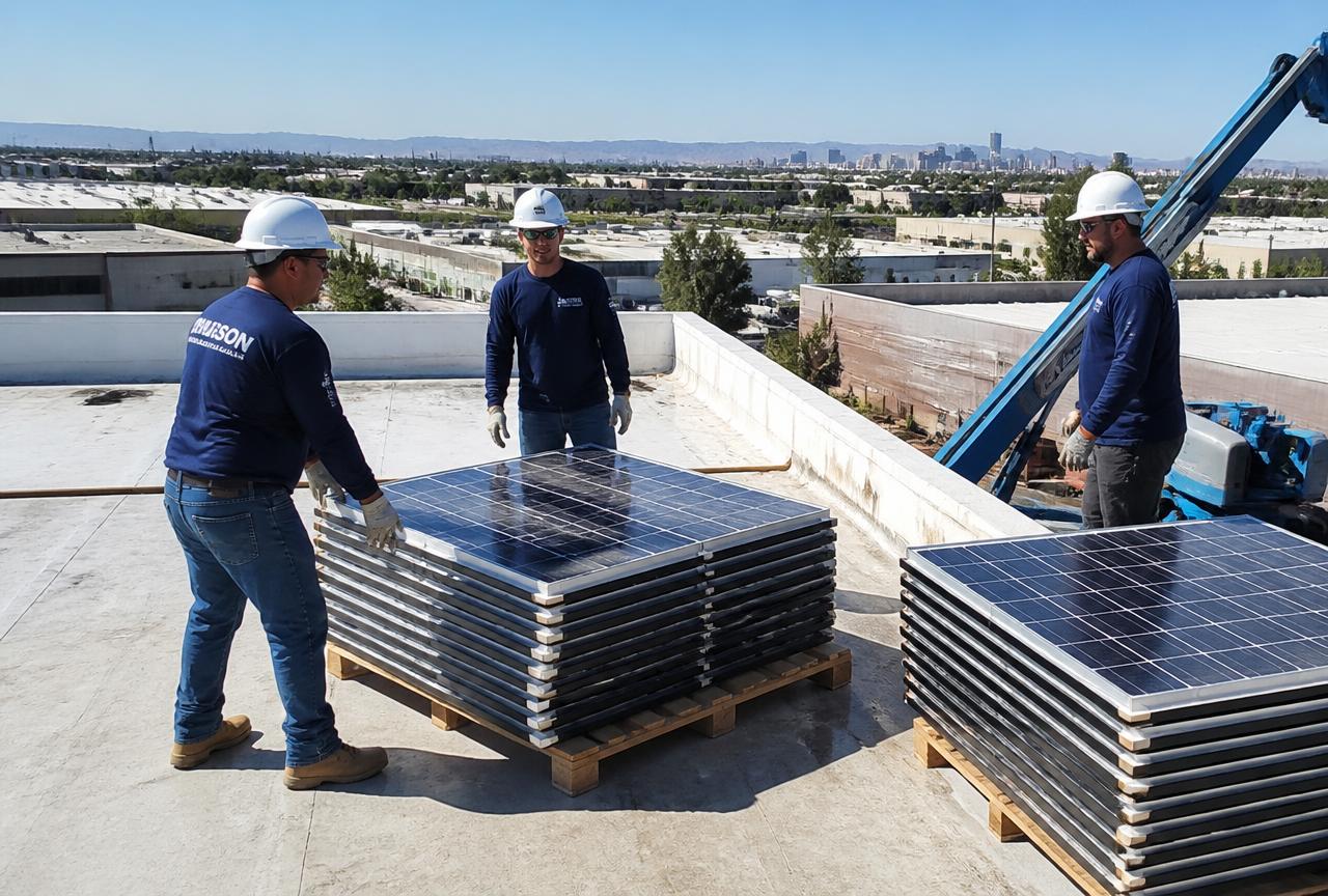 Crew removing rows of solar panels from a large commercial TPO flat roof in Jacksonville, Florida