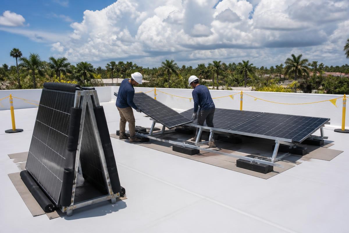 Crew member torquing rail bolts on solar panels being reset on a new white TPO roof in West Palm Beach, Florida